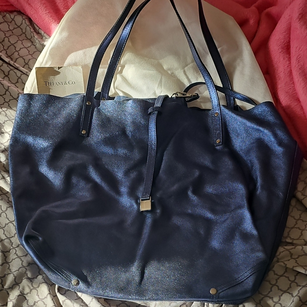 Tiffany & Co. Navy Blue Leather Tote with Drawstring Detail